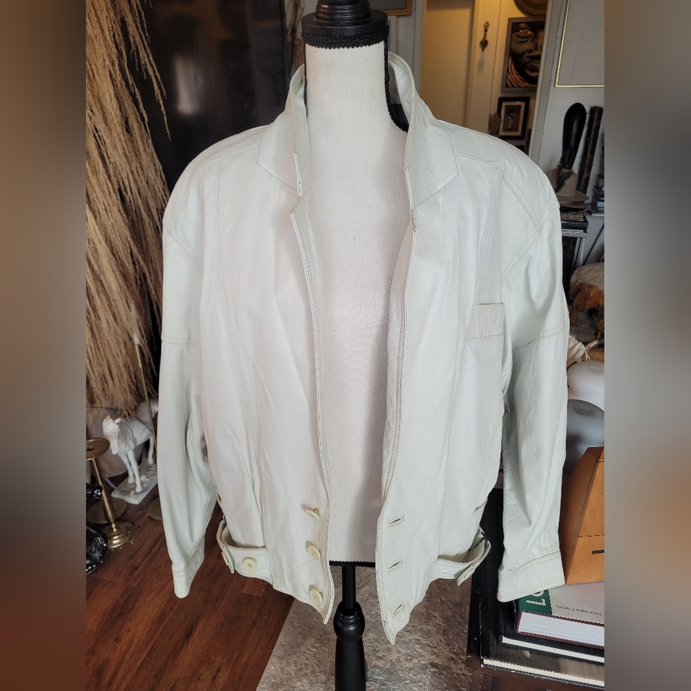 Vintage White Cropped Leather Jacket by I.O.U. MCMXC
